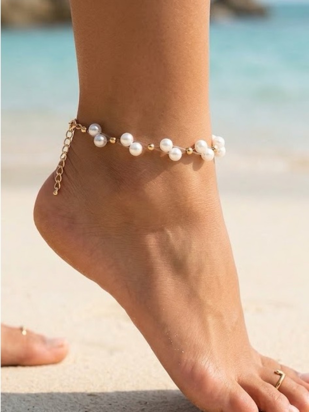 Gold-Plated Pearl String Beads Bracelet or Anklet